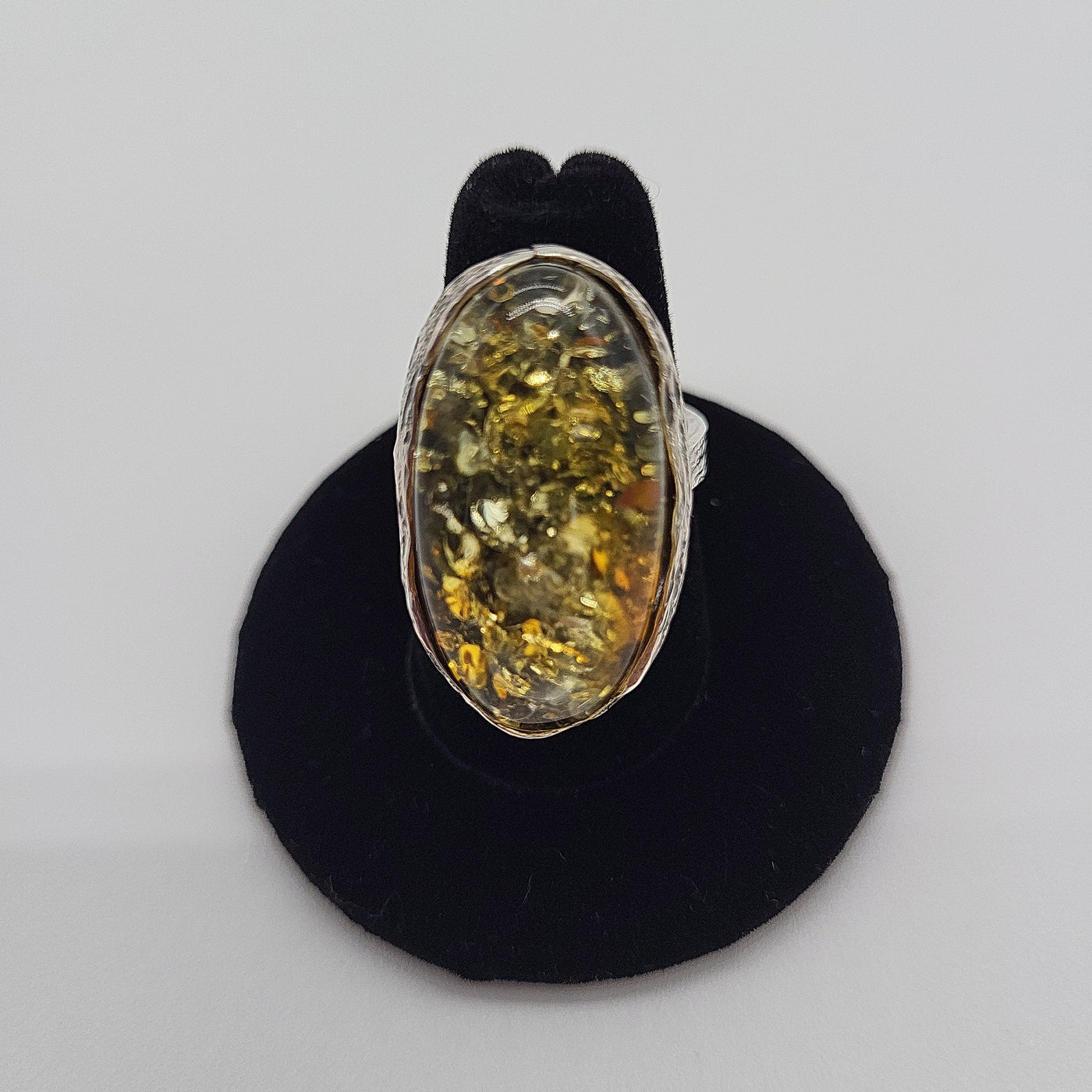 Green Amber Nugget Sterling Silver Ring Adjustable