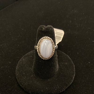 Banded Grey/Blue Agate Oval Ring - Sterling Silver - 7