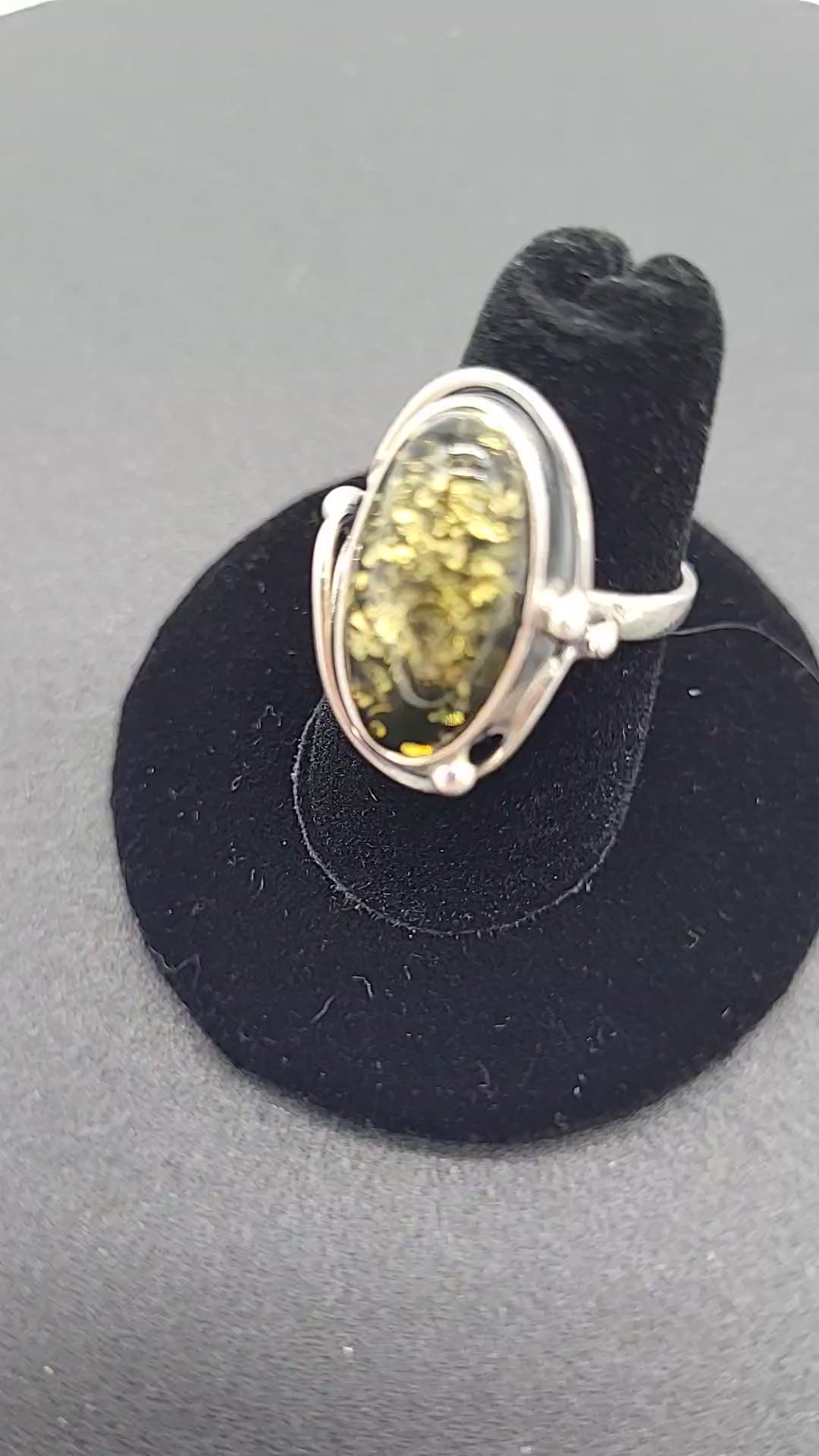 Green Amber Nugget Sterling Silver Ring Size 7
