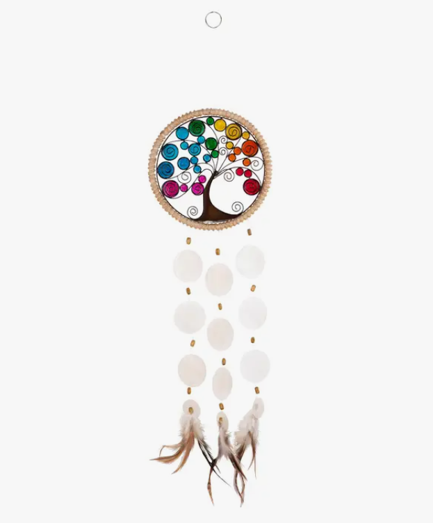 Tree of Life Colorful Capiz Shells & Feathers Dreamcatcher