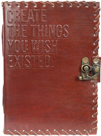 "Create The Things You Wish" Inspirational Words Embossed on Leather Journal w/ Metal Closure Notebook 7x5"