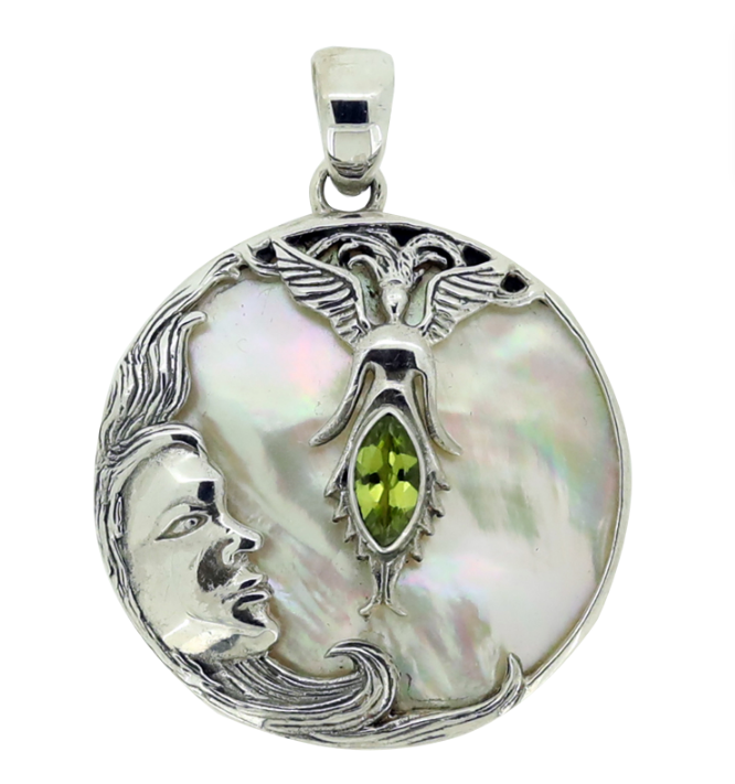Green Peridot Marquis Goddess on White Mother of Pearl Framed by Sterling Silver Goddess Profile Pendant