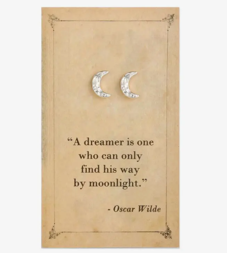 Crescent Moon Post Earrings Literary Quote