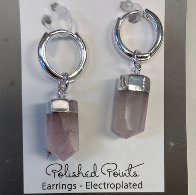 Rose Quartz Crystal Point Dangle Earrings/Silver electroplated
